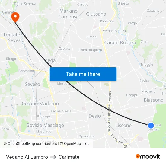 Vedano Al Lambro to Carimate map