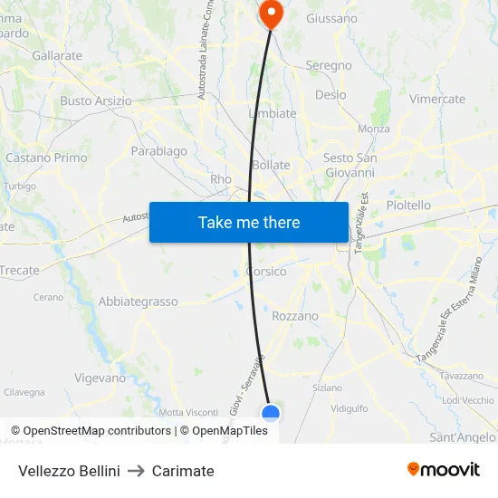 Vellezzo Bellini to Carimate map
