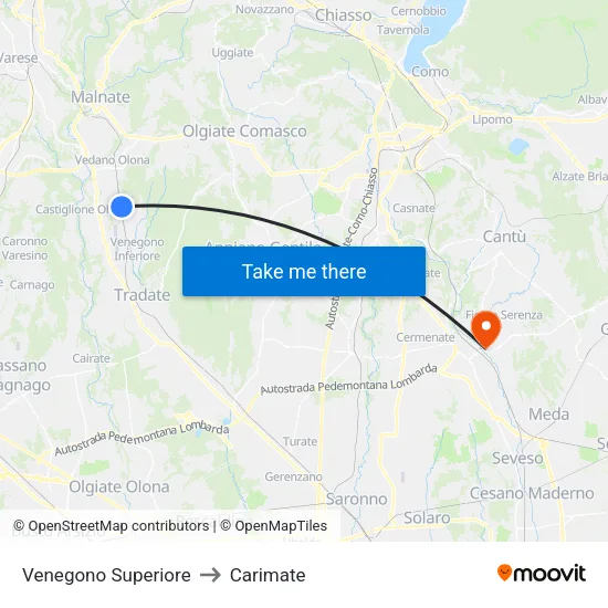 Venegono Superiore to Carimate map