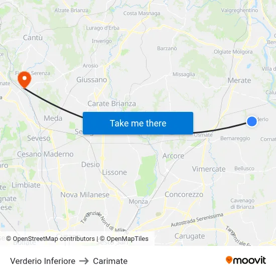 Lower Verderio to Carimate map