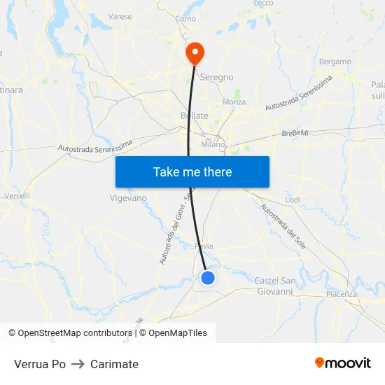 Verrua Po to Carimate map