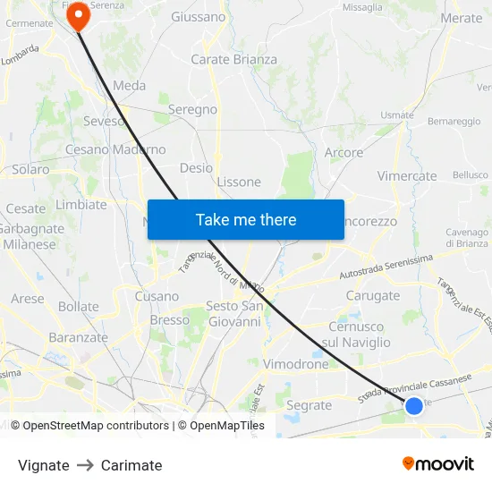 Vignate to Carimate map