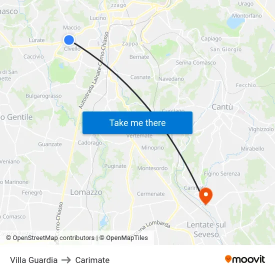 Villa Guardia to Carimate map