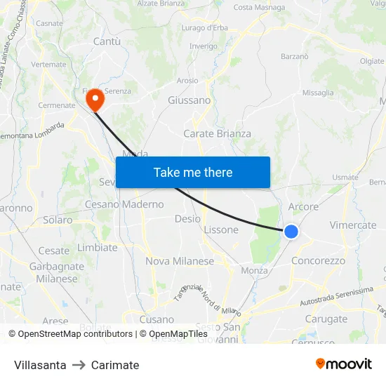 Villasanta to Carimate map