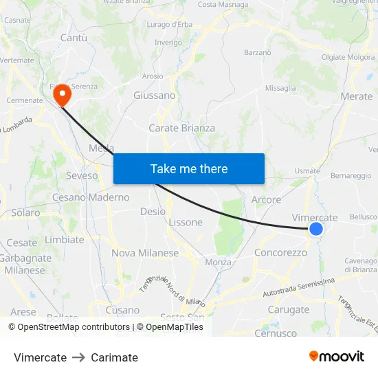 Vimercate to Carimate map