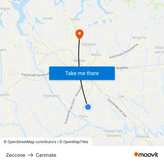 Zeccone to Carimate map