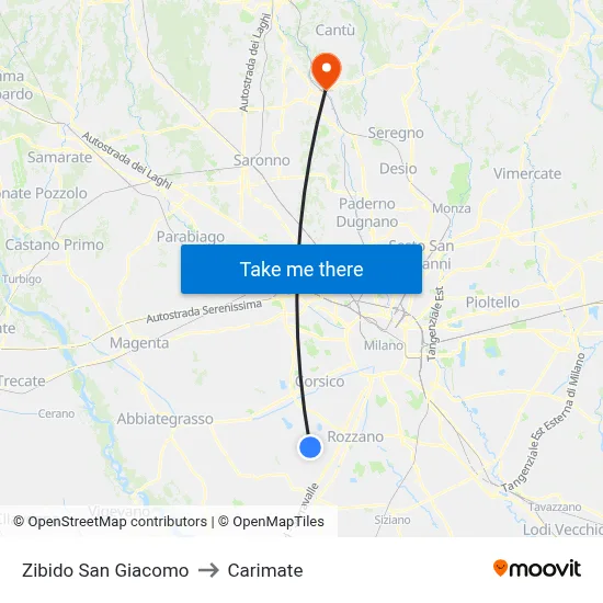 Zibido San Giacomo to Carimate map