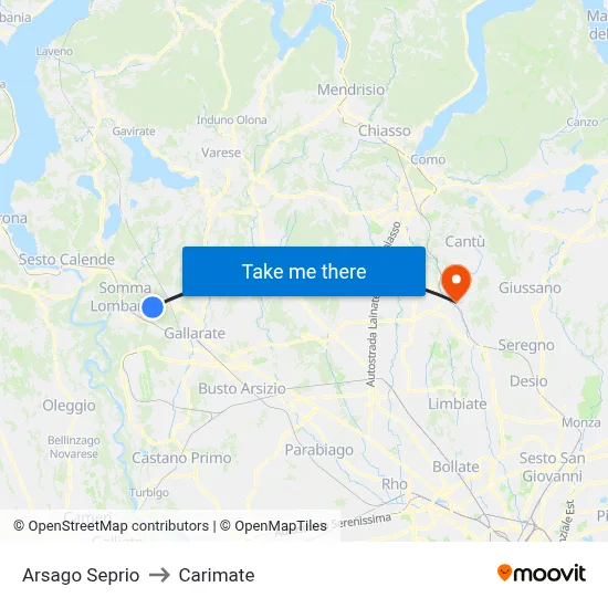 Arsago Seprio to Carimate map