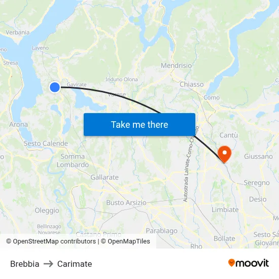 Brebbia to Carimate map