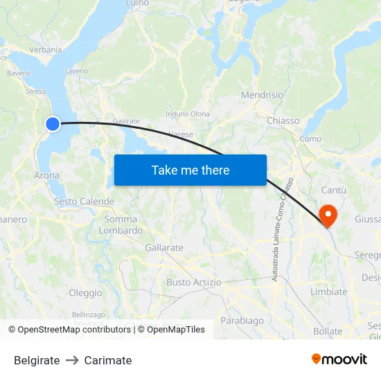 Belgirate to Carimate map