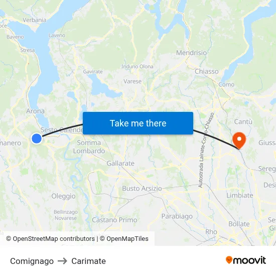 Comignago to Carimate map