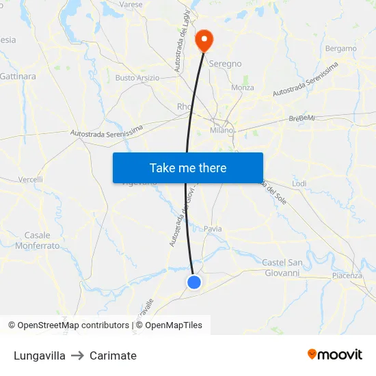 Lungavilla to Carimate map