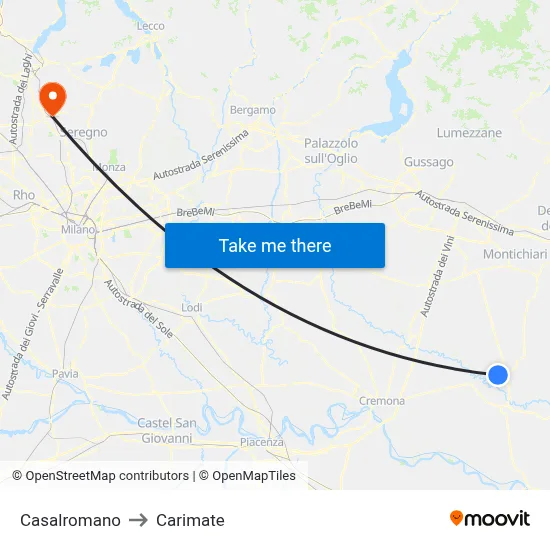 Casalromano to Carimate map