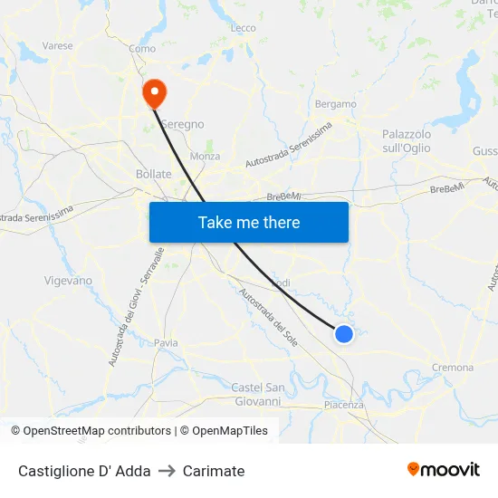 Castiglione D' Adda to Carimate map
