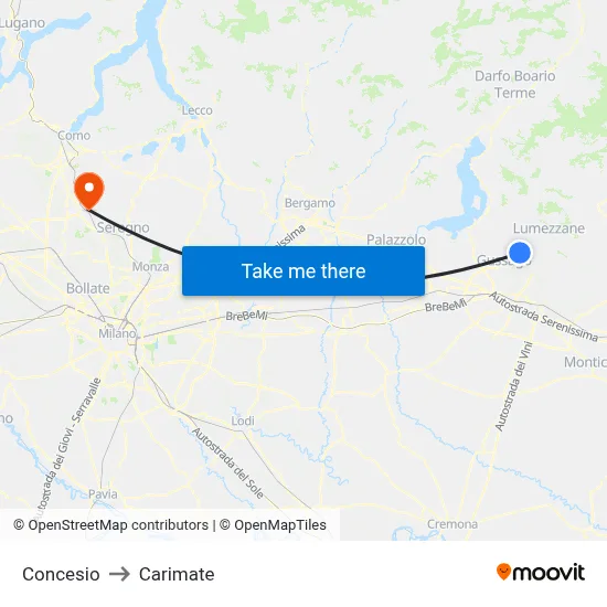 Concesio to Carimate map