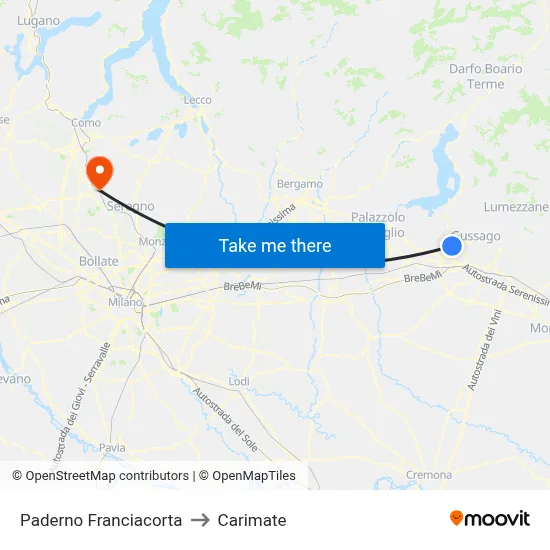 Paderno Franciacorta to Carimate map