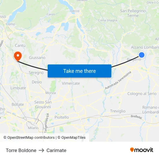 Torre Boldone to Carimate map