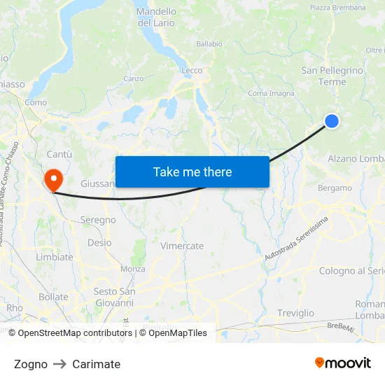 Zogno to Carimate map