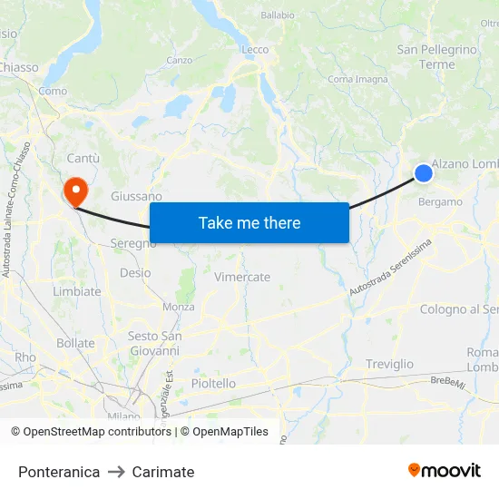 Ponteranica to Carimate map