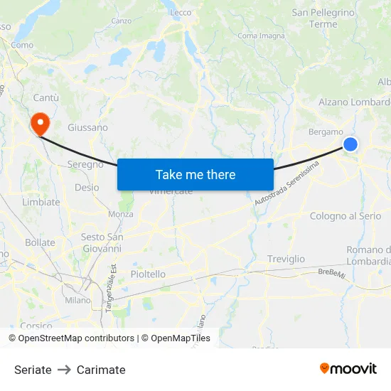 Seriate to Carimate map