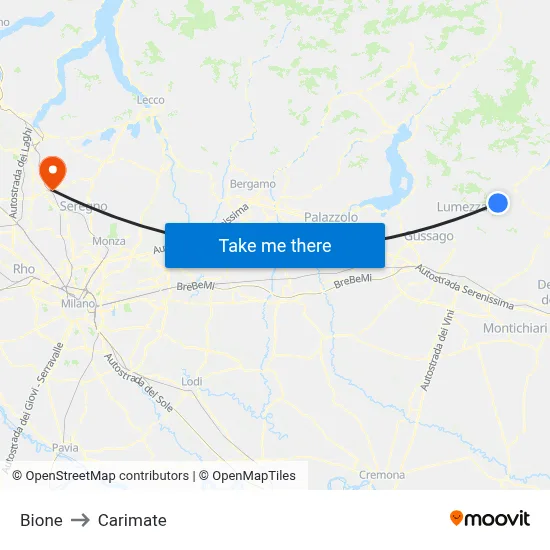 Bione to Carimate map