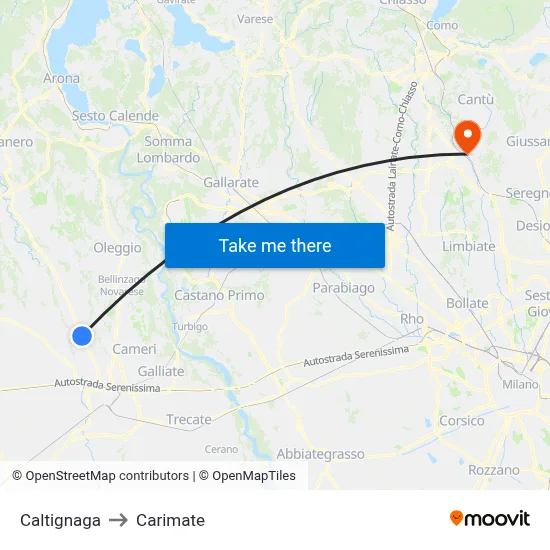Caltignaga to Carimate map