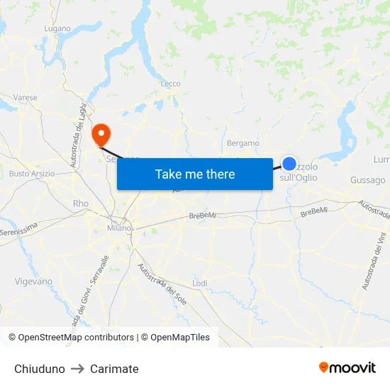 Chiuduno to Carimate map