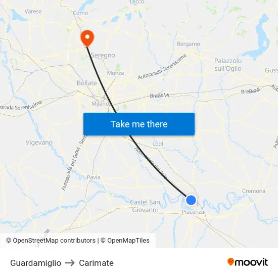 Guardamiglio to Carimate map