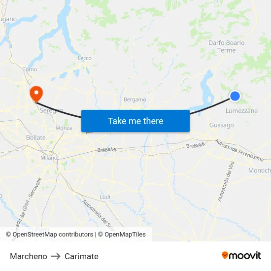 Marcheno to Carimate map