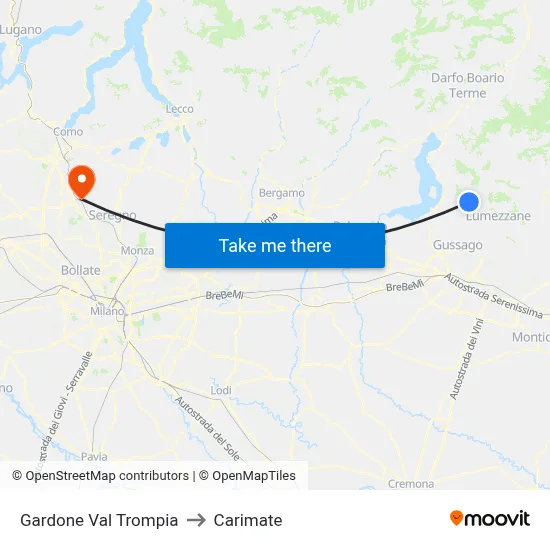 Gardone Val Trompia to Carimate map