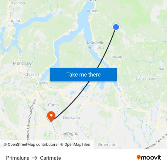 Primaluna to Carimate map
