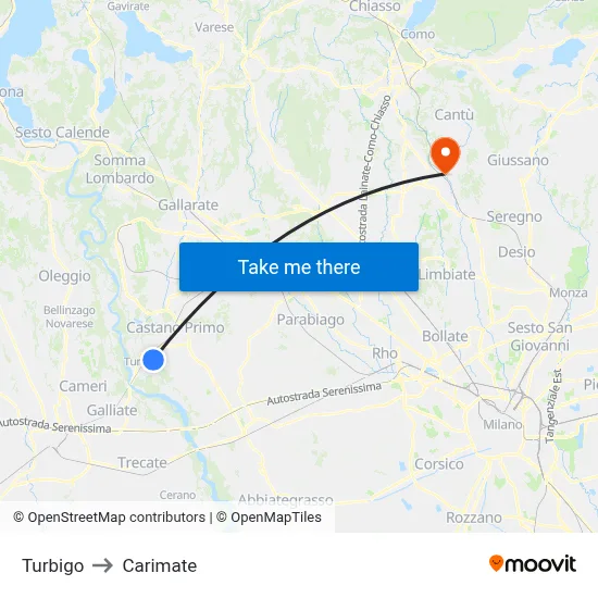Turbigo to Carimate map