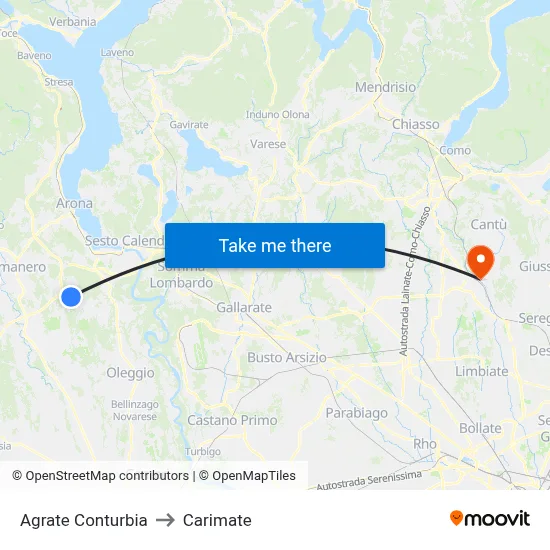 Agrate Conturbia to Carimate map