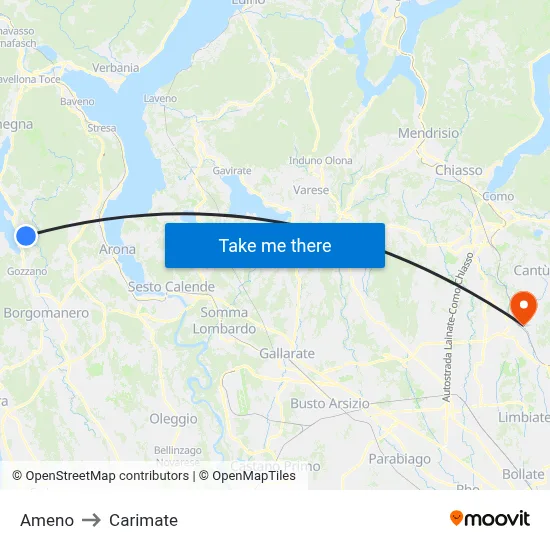 Ameno to Carimate map