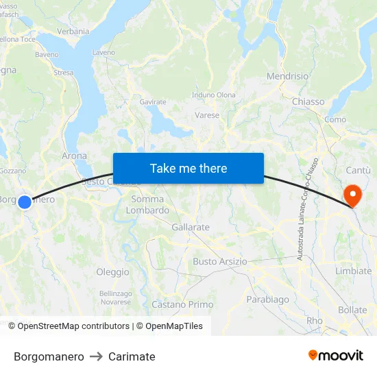 Borgomanero to Carimate map
