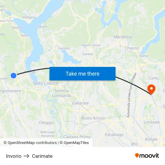 Invorio to Carimate map