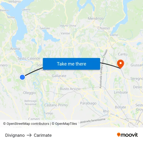 Divignano to Carimate map