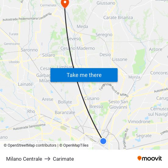 Milano Centrale to Carimate map