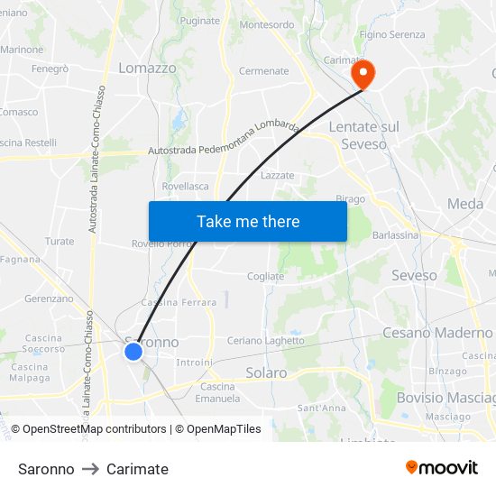 Saronno to Carimate map