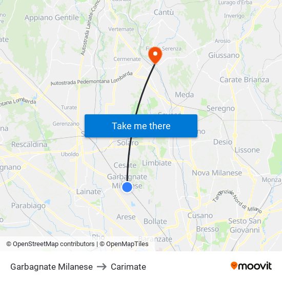 Garbagnate Milanese to Carimate map