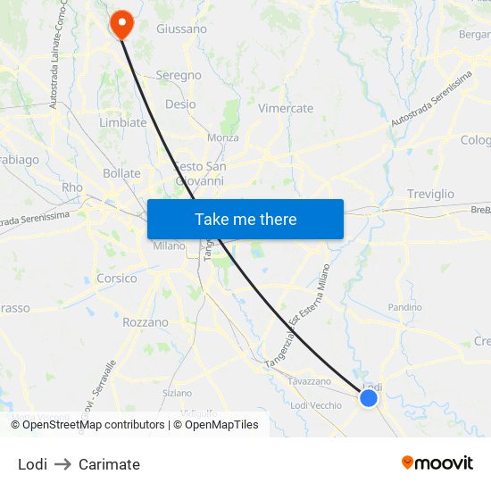 Lodi to Carimate map