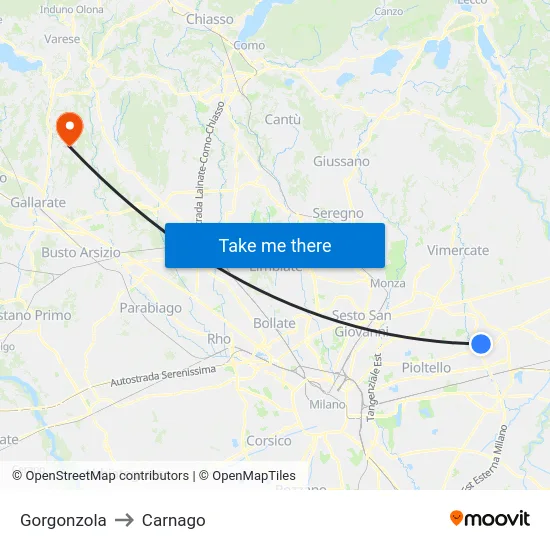 Gorgonzola to Carnago map