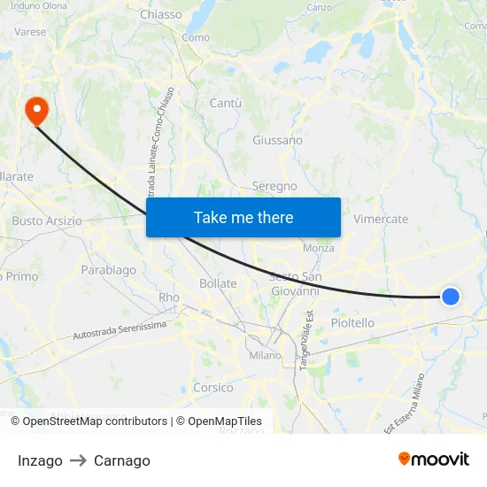 Inzago to Carnago map