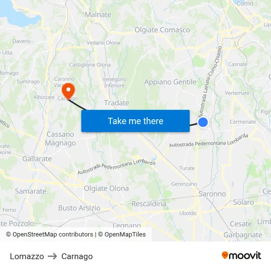 Lomazzo to Carnago map