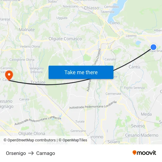 Orsenigo to Carnago map