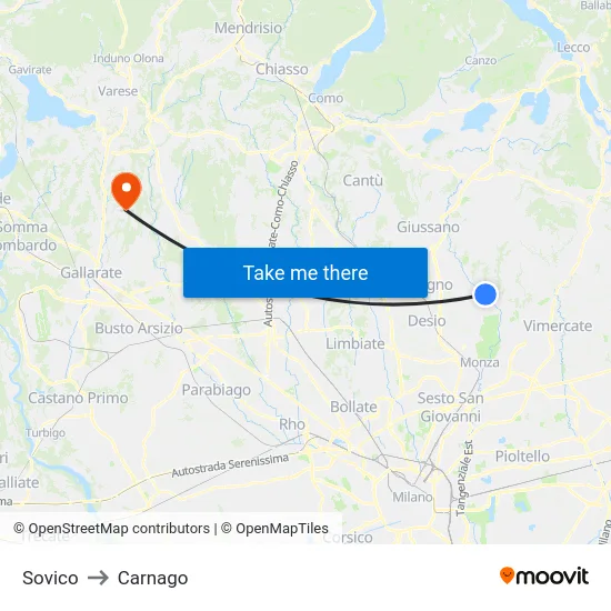 Sovico to Carnago map