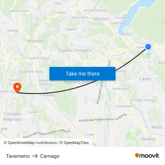 Tavernerio to Carnago map