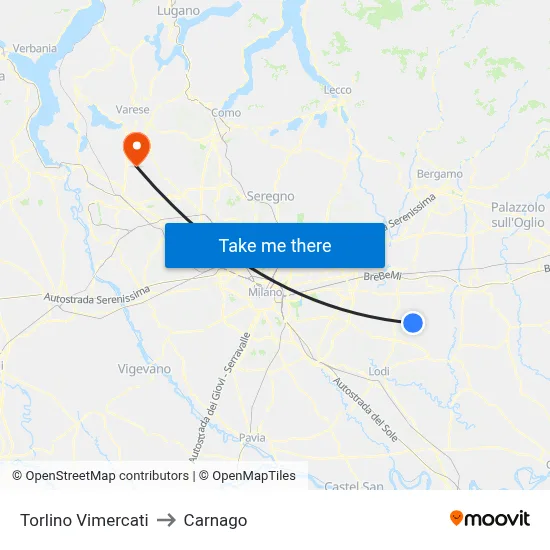 Torlino Vimercati to Carnago map