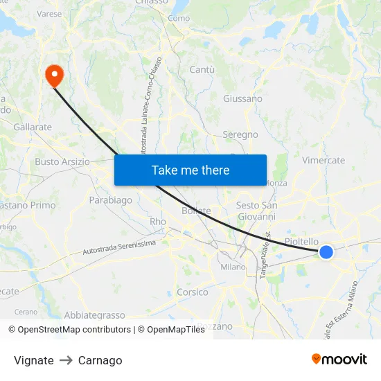 Vignate to Carnago map