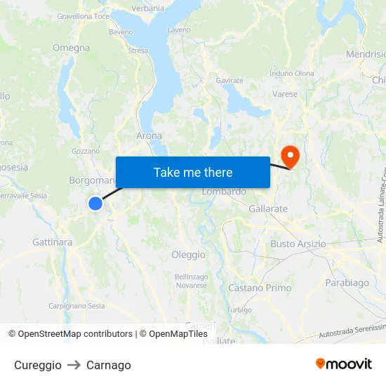 Cureggio to Carnago map